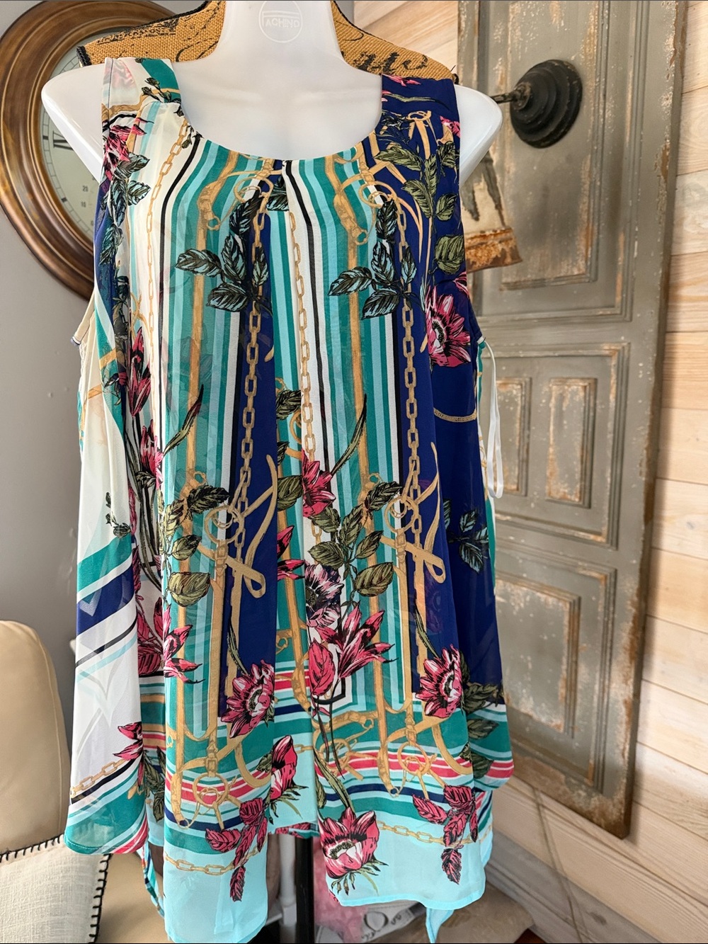 Roz & Ali Blue Teal Pink Floral Stripe Tank Top